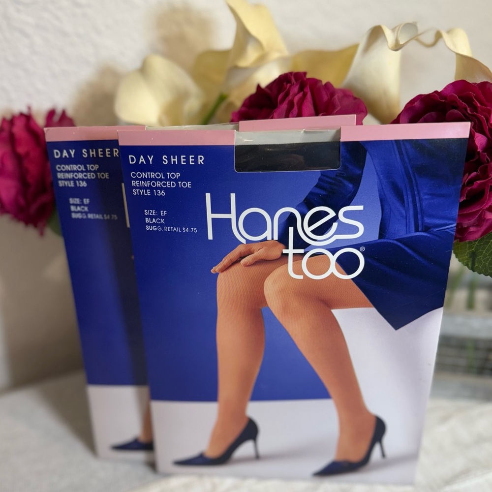 Hanes Too Day Sheer control top reinforced toe pantyhose size EF, Black Set of 2